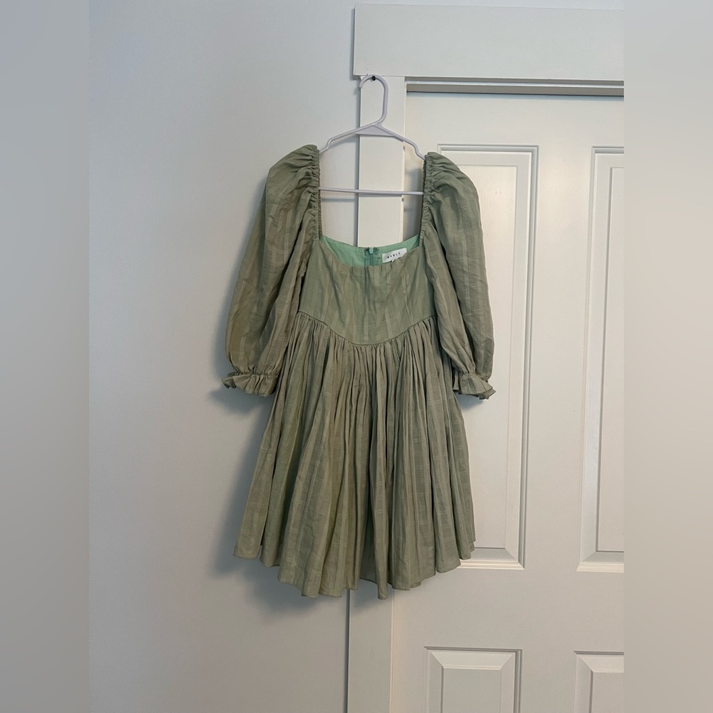 MABLE Babydoll Mini Dress Green Plaid Square Neck Puff Sleeve
